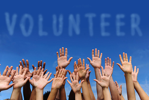 Multiethnic raised hands and writing volunteer